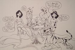 4girls aladdin ariel bra clothing crossover disney disney_princess fa_mulan monochrome mulan multiple_girls nipples princess_jasmine rajah rapunzel seashell_bra skirt strip_poker tagme tangled the_little_mermaid tiger topless yuri