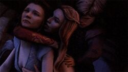 1boy 2girls 3d animated brother_and_sister cersei_lannister female game_of_thrones incest lowres male margaery_tyrell moneyshot multiple_girls source_filmmaker tyrion_lannister