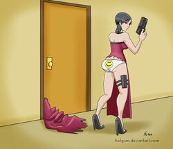 1girls accidental_exposure ada_wong ada_wong_(caroline_ribeiro) ass ass_cleavage breasts butt_crack clothes_stuck_on_object clothing_damage curvy dress female female_only hotgum huge_ass human large_breasts lost_clothes panties print_panties resident_evil resident_evil_4 skirt solo torn_clothes wardrobe_malfunction