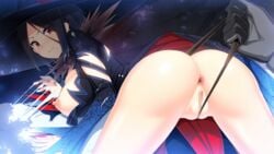 anus ass bent_over black_hair censored clockup clothing crow_lytis female game_cg gloves hat looking_back ma-ko_hunter mole mole_under_mouth out_of_frame panties panty_pull red_eyes smile solo spread_legs stuck underwear witch witch_hat