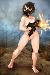 brown_eyes brown_hair female gas_mask gun highres looking_at_viewer mask nipples original pussy robert_knight short_hair small_breasts solo uncensored weapon what