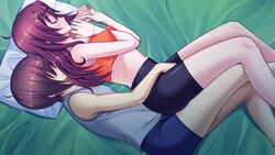 arm_between_breasts ass bed between_breasts bike_shorts blush breasts brown_hair closed_eyes clothing female fingering fingering_down_front game_cg hand_holding highres large_breasts legs long_hair lying midriff navel on_side pillow saiminbo short_hair sumeragi_yuusuke thighs