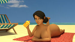 3d ass beach black_hair blender breasts cleavage donan female green_eyes highres huge_ass human large_breasts looking_at_viewer lotion mat miss_pauling nude nude_beach on_stomach smile solo source_filmmaker sunscreen team_fortress team_fortress_2 valve_(company) voluptuous