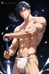 1boy abs ai_generated armpit_hair bangs bara black_hair blue_eyes bulge fundoshi goldenfieldszho grin holding holding_sword holding_weapon japanese_clothes katana large_pectorals looking_at_viewer male_focus male_pubic_hair male_underwear muscular muscular_male navel nipples pectorals pubic_hair scar short_hair smile solo solo_leveling sung_jin_woo sweat sword thick_thighs thighs topless_male underwear veins veiny_arms weapon wet wet_clothes white_male_underwear