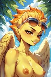 1girls ai_generated areola breasts equid equine eyelashes eyewear_on_head female friendship_is_magic fur furry hair hasbro my_little_pony nipples nude orange_body orange_eyes orange_hair pegasus short_hair smile solo spitfire_(mlp) sunglasses wings wonderbolts_(mlp) yellow_body yellow_fur