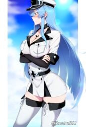 akame_ga_kill! big_breasts blue_eyelashes blue_eyes blue_hair cleavage crossed_arms embarrassed esdeath esdeath_(akame_ga_kill!) military_uniform peaked_cap smile