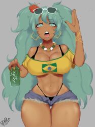 1girls anime_style artist_request big_breasts bikini blue_eyes blue_hair brazil brazilian brazilian_female brazilian_miku breasts cross_necklace crouching dom0png earrings eyebrows_visible_through_hair female_only flag flower_in_hair green_nails hair_ornament hatsune_miku latin_american_hatsune_miku_(meme) long_hair looking_at_viewer nails shoulders swimsuit tan tan_skin thick_thighs thigh_gap thighs very_long_hair vocaloid wide_hips yellow_bikini