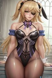 ai_generated big_hips female fischl_(genshin_impact) genshin_impact green_eyes long_hair secret_room12 shiny_skin sitting stable_diffusion thighs