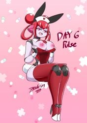 breasts breasts_out bunny_ears bunny_tail bunnysuit female grey_body heart-shaped_pupils heels humanoid machine nurse_cap open_mouth pulse_(zedrin) red_eyes red_hair smile solo solo_female thighhighs zedrin