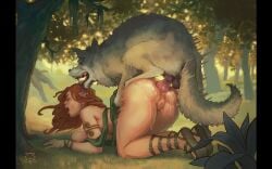 anal anal_sex animal_genitalia balls bonete buckle_sandals canine canine_genitalia canine_penis feral feral_on_female feral_on_human feral_penetrating forest fur gladiator_sandals knot moaning motion_lines red_hair sandals tongue_out tribal wolf woods zoophilia