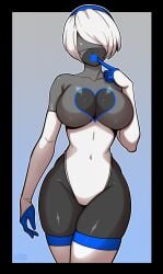 1girls 2b_(nier:automata) bad_tag bimbo_lips bimbofication black_border black_skin blindfold blue_background blue_lips blue_trim bob_cut border breasts camelsole cleavage cleavage_cutout clothing_cutout colored_skin covered_navel curvy cuteemmy cyborg dark-skinned_female dark_skin droid elbow_gloves finger_to_mouth gloves grey_leotard hairband heart hentai-foundry_username highcut highleg highleg_leotard huge_breasts huge_lips jpg jpg_conversion jpg_file latex latex_gloves latex_leotard latex_thighhighs legs leotard lips lipstick long_legs makeup multicolored_leotard nier:automata nier_(series) robot sex_droid shiny_skin short_hair sideboob small_nose square_enix standing thick_thighs thighhighs thighs third-party_edit two-tone_background two-tone_leotard white_gloves white_hair white_leotard white_thighhighs wide_hips