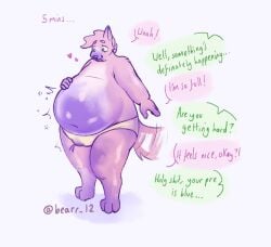 1boy anthro bearr12 belly_expansion belly_inflation belly_overhang big_ass big_belly blueberry blueberry_inflation erection erection_in_panties erection_under_clothes excited inflation male male_only pleasure_face speech_bubble stomach_noises tail transformation_sequence voyeur wide_hips