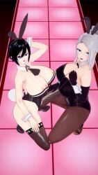 2girls akinama_family_(noir-black-shooter) big_breasts blue_eyes bunny_ears bunnysuit dark_blue_hair gilf huge_breasts koikatsu milf naoki_akinama_(noir-black-shooter) noir-black-shooter oc original original_character purple_eyes raiko_kashiwasaki_(noir-black-shooter) silver_hair