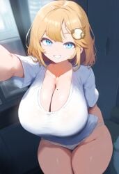 ai_generated ameanon big_breasts blonde_hair blue_eyes breasts cleavage hololive hololive_english hololive_myth huge_breasts large_breasts mole_on_breast panties t-shirt thick_thighs virtual_youtuber vtuber watson_amelia white_panties