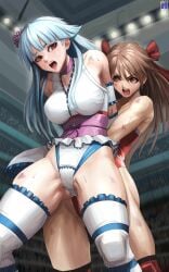 2girls angry angry_face audience big_breasts blue_hair breasts brown_eyes brown_hair bruises catfight cleavage crossover female female_only flower_in_hair grabbing grabbing_from_behind japanese_clothes knee_pads lift_and_carry lifting lifting_person long_hair multiple_girls mutou_megumi open_mouth pads purple_choker red_eyes red_leotard red_ribbon ring_dream sasaki_yukime struggle struggling sweat sweating sweaty sweaty_body swwhenry thick_thighs thighs wrestle_angels wrestler wrestling wrestling_outfit wrestling_ring wrestling_singlet wrestlingryona yuki_onna yuki_onna_(ring_dream)