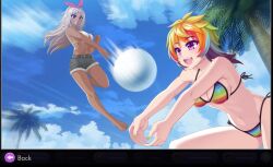 2girls bikini crush_crush hush_hush iro_(crush_crush) rainbow_bikini shorts side-tie_bikini volleyball white_bikini