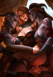 1girls 2014 2futas anal anal_penetration anal_sex ass bioware blue_eyes bodypaint bottomless bottomless_female bra brown_hair bustier choker cleavage color corset dickgirl double_penetration dragon_age erection female futa_on_female futa_sans_balls futa_with_futa futanari grey_hair horns intersex interspecies leg_grab leg_lift leliana long_hair medium_breasts multiple_futa multiple_penises nipple_slip pale_skin penetration penis pussy qunari sex short_hair sideboob smile standing_sex tarakanovich tattoo thighhighs threesome uncensored uncensoredpussy_juice_drip vaginal_penetration vaginal_sex wristband