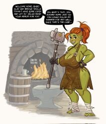 1futa apron artbymatches blacksmith casual curvy_futa dark_skin dialogue dwarf english_text fireplace futa_focus futa_only futanari gloves green_eyes hammer indoors inside intersex orange_hair orc orc_futanari outerwear ponytail smiling solo solo_futa text_bubble thick_thighs wide_hips