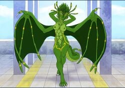 4_toes anthro detailed_background dragon female green_body green_eyes green_nipples green_wings membranous_wings nipples nude pussy redcreator smile solo standing toes wings