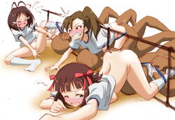 amami_haruka antenna_hair ass ass_grab bloomers blue_bloomers blush bow brown_eyes brown_hair buruma buruma_pull clothing color enf female futami_mami green_eyes gym_uniform hair_ribbon hayashi_naotaka hidaka_ai human idolmaster knee_socks kneehighs kneesocks molestation open_mouth ribbon short_hair side_ponytail socks sports_festival white_socks