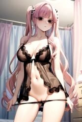 1female 1girls ai_generated artist_request black_eyes blush female female_only lingerie long_hair medium_breasts nipples one_piece panties_down perona pink_hair pussy stable_diffusion twintails