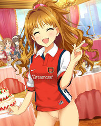 4girls arsenal bottomless cake closed_eyes fifa food idolmaster mimura_kanako multiple_girls nike open_mouth pussy sagisawa_fumika smile soccer totoki_airi