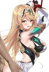 1boy armpits ass blonde_hair bondage bound bound_wrists breasts female highres long_hair looking_at_viewer matrix16 mythra_(xenoblade) no_panties out-of-frame_censoring restrained sex sex_from_behind sideboob simple_background solo straight swept_bangs thighs white_background xenoblade_chronicles_(series) xenoblade_chronicles_2 yellow_eyes