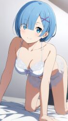 ai_generated aozoraa bed blue_eyes blue_hair lingerie on_all_fours re:zero_kara_hajimeru_isekai_seikatsu rem_(re:zero)