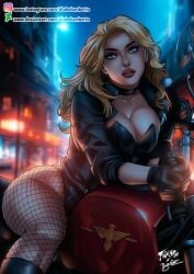 1girls 2024 artist_signature black_canary black_clothing black_gloves black_jacket blonde_female blonde_hair blonde_hair_female blue_eyes blurry_background cedric_humbert cleavage dc dc_comics deviantart deviantart_link diabolumberto eyebrows female female_only fishnet fishnets gloves green_arrow_(series) heroine jacket justice_league justice_league_unlimited light-skinned_female metahuman motorcycle red_lips red_lipstick solo solo_female strapless_leotard superheroine thick_lips thick_thighs