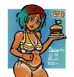 bikini blue_eyes blue_hair brown_hair brown_skin burger fatty original_character original_characters tan_markings tanned_skin