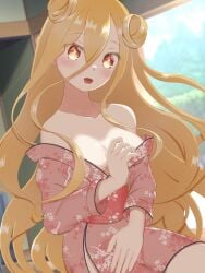 2d 2d_(artwork) blonde_hair blush breasts cleavage date_a_live female_only hoshimiya_mukuro kimono light-skinned_female long_hair looking_at_viewer no_bra open_clothes sole_female solo thighs yellow_eyes