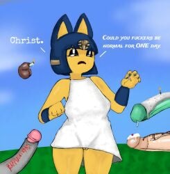 absurd_res animal_crossing ankha ankha_(animal_crossing) anthro big_penis birthday blue_hair bodily_fluids bottomless candle candy canid canine caption captions chocolate chocolate_sauce circumcised circumcision_scar clothed clothing dairy_products dessert digby_(animal_crossing) disembodied_penis disgust disgusted_face dress felid feline female food food_fetish food_play foreskin frosting fruit fur genital_fluids genital_scar genitals group hair hi_res human jojispoon44 lagomorph leporid male male/female mammal micropenis multiple_boys multiple_penises nails nintendo no_underwear outside partially_clothed penetration penis plant precum profanity pussy rabbit raymond_(animal_crossing) sasha_(animal_crossing) scar small_penis sprinkles urethral urethral_penetration villager_(animal_crossing) whipped_cream yellow_body yellow_fur