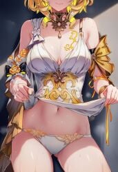 aglaea_(honkai:_star_rail) ai_generated breasts curvy_body curvy_female curvy_figure face_out_of_frame female_only honkai:_star_rail panties_peek pantyshot raaicave shirt_lift sweating sweating_female