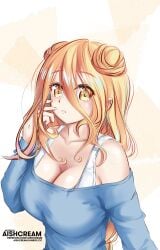 2d 2d_(artwork) aishcream big_breasts blowjob breasts cleavage date_a_live female_only hoshimiya_mukuro light-skinned_female long_hair shirt solo solo_female upper_body yellow_eyes