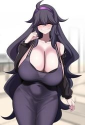 1girls @_@ absurdres ahoge black_bra blush bra breasts cleavage covered_erect_nipples covered_navel creatures_(company) dress female female_focus fingernails game_freak hairband half-closed_eyes hex_maniac highres holding holding_bra holding_underwear holding_unworn_clothes huge_breasts kurorettsu long_hair looking_at_viewer matching_hair/eyes nail_polish navel nintendo open_mouth pale_skin pokemon pokemon_xy presenting_bra purple_dress purple_eyes purple_hair purple_nails shiny_skin sidelocks sitting solo steam underwear wide_mouth