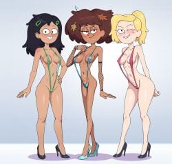 3girls ai_generated amphibia anne_boonchuy big_breasts black_hair blonde_hair brown_hair civitai disney disney_channel disney_xd edited female_focus fishnet_armwear high_heels light-skinned_female marcy_wu micro_bikini posing sasha_waybright sling_bikini thick_thighs twitter_link wide_hips