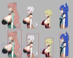 4girls angry bare_shoulders barely_contained big_breasts blonde_hair blue_eyes bodysuit braid braided_ponytail breast_size_difference breasts breasts_bigger_than_head bursting_breasts busty carol_malus_dienheim closed_eyes gigantic_breasts green_eyes grey_background height_difference hitbox huge_breasts kazanari_tsubasa large_breasts lavender_hair leotard long_hair maria_cadenzavna_eve pained_expression pink_eyes pink_hair senki_zesshou_symphogear shaded_face shin_deadball_iwata side_ponytail side_view sideboob simple_background small_breasts thick_thighs tied_hair twintails yukine_chris