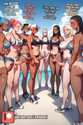 8futas abs ai_generated beach big_balls big_dom_small_sub big_penis blonde_hair blue_hair cap clothed cock dark-skinned_futanari dark_skin dialog dialogue erect_penis erection fit fit_futanari futa_gangbang futa_is_bigger futa_only futa_sans_pussy futadom futadom_caption futanari gangbang gangrape harem huge_cock lewdunari light-skinned_futanari light_skin looking_at_viewer male_pov many_on_one partially_clothed pov pov_eye_contact red_hair shorts sports_bra sportswear taker_pov talking_to_viewer tanned