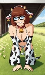 ai_generated ass bigmic145 bra breasts cartoon_network cow_ears cow_girl cow_horns cow_print cow_tail cowbell feet panties red_hair scooby-doo scooby-doo!_mystery_incorporated thighhighs velma_dinkley velma_dinkley_(mystery_incorporated)