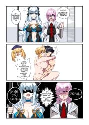 artoria_pendragon artoria_pendragon_(caster) artoria_pendragon_(lancer) caught fate/grand_order fate_(series) fujimaru_ritsuka_(male) mash_kyrielight morgan_le_fay_(fate) sex standing_sex tongue_kiss