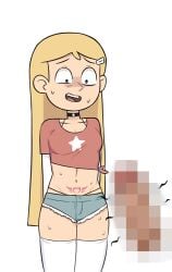 1girls aged_up ass censored censored_penis cleavage clothing crop_top female female_focus female_only hair hand_gesture hilda_(series) kelly_(hilda) leggings legs legwear marra meatpie netflix penis shorts teenager yellow_hair