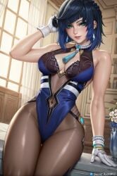 ai_generated big_hips blue_hair female genshin_impact secret_room12 shiny_skin short_hair sitting stable_diffusion thighs yelan_(genshin_impact)