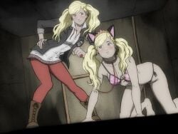 2girls all_fours ann_takamaki atlus blush bondage bondage_gear bound cat_ears clone cognitive_ann collar dominant dominant_female domination female female_focus female_only leash leash_and_collar leashed_collar on_all_fours persona persona_5 petplay shadow_self_(persona) submissive submissive_female temon