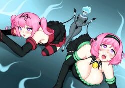 big_breasts blue_hair cleavage_cutout cleavage_overflow creeperwisp disney disney_villains fantastic_arousal female_villain hades_(hercules) heart-shaped_pupils lala_satalin_deviluke nana_asta_deviluke pink_hair rule_63 sensitive_tail tail_grab tail_pull to_love-ru to_love-ru_darkness upskirt zettai_ryouiki