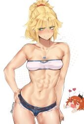 abs angry_face blonde_hair blush deccatezu fate/apocrypha fate/grand_order fate_(series) female female_only fujimaru_ritsuka_(female) gudako heart-shaped_pupils mordred_(fate) muscular_female revealing_clothes shorts skimpy_clothes small_breasts tomboy