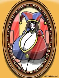 1girl 1girls alternate_body_type alternate_breast_size breasts brown_hair hyper hyper_breasts jester_hat looking_in_mirror mirror pomni_(the_amazing_digital_circus) surprised the_amazing_digital_circus xxxvalerya5