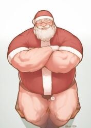 beard bulge christmas closed_eyes crossed_arms dad_bod facesitting facial_hair flaccid gay glasses kuki1210 male male_only santa_claus sitting_on_person spoken_heart