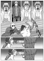 1boy 1girls breasts comic forced_oral friday_the_13th hockey_mask jason_voorhees nude_female penis screaming straight translation_request unzipped