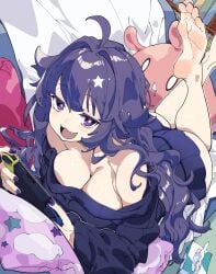 :3 :3d :d ahoge cleavage down_blouse fangs feet feet_up gaming large_breasts lying_on_bed lying_on_stomach messy_hair nail_polish nintendo_switch painted_nails painted_toenails purple_eyes purple_hair purple_nails purple_toenails soles toenail_polish toes very_long_hair