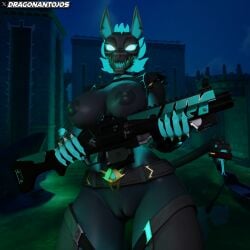 3d_(artwork) absurd_res anthro big_breasts blue_eyes blue_hair breasts canid canid_demon canine cerberus_(fortnite) cerberus_(mayosplash) demon digital_media_(artwork) dragonantojos epic_games female fortnite glowing glowing_eyes gun hair hand_on_hip hellhound hi_res holding_gun holding_object holding_ranged_weapon holding_shotgun holding_weapon mammal mythological_canine mythological_creature mythology ranged_weapon rule_63 solo tail thick_thighs weapon